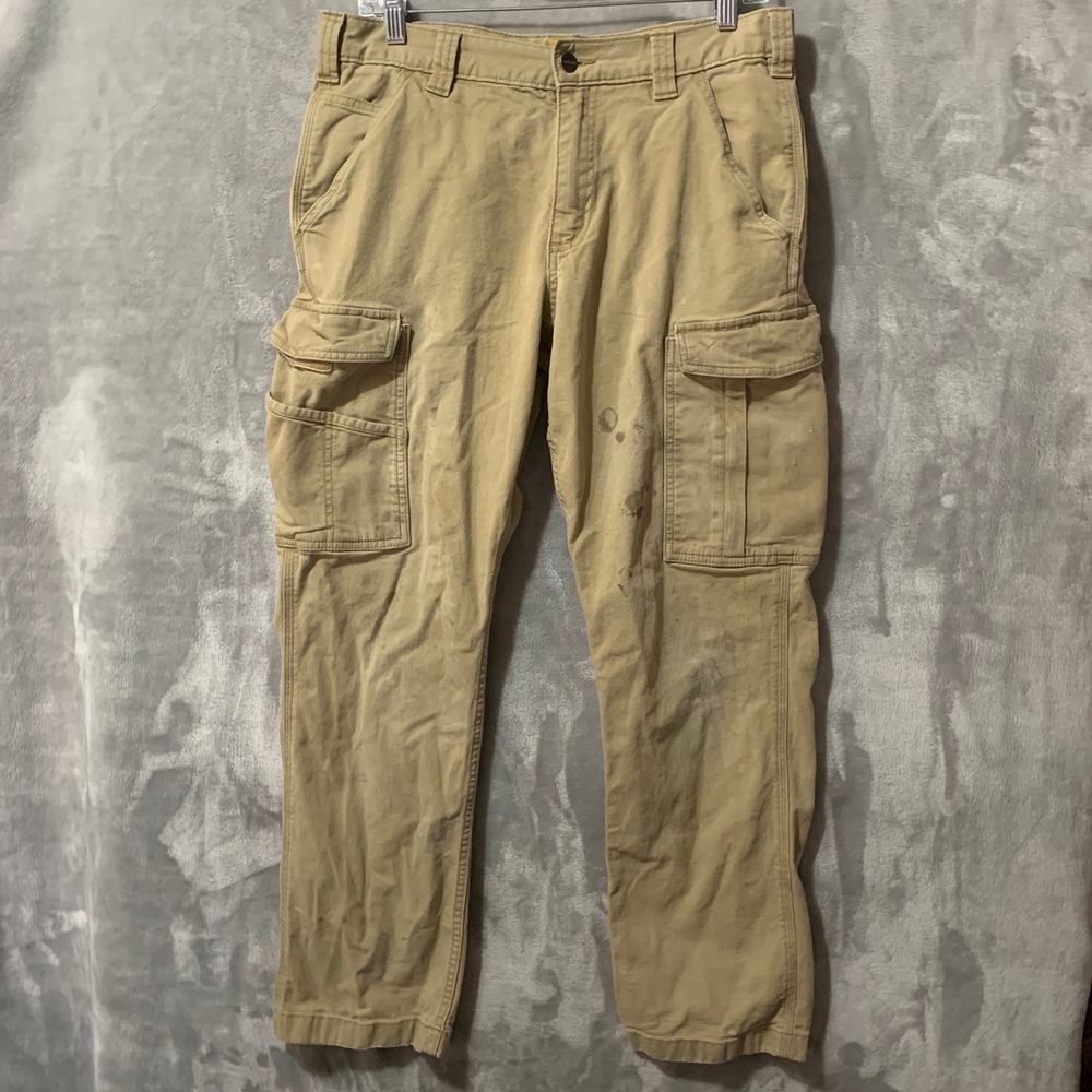 Carhartt 103574 253 Relaxed Fit Cargo Work Pants Mens 32x30 Tan Canvas Stained - Picture 2 of 15